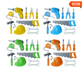 Canvas Print - 3d Fix and Repair Concept Different Color Tools Set Cartoon Design Style. Vector illustration of Saw, Screwdriver, Ruler, Spanner, Drill and Hammer