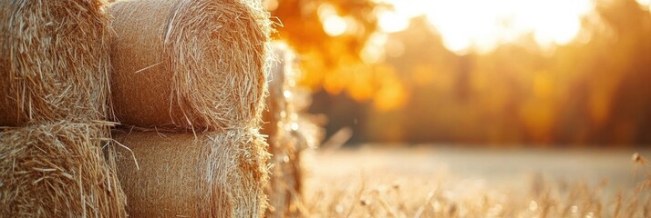 Poster - Hay bales lie neatly stacked in the golden sunlight, surrounded by colorful autumn foliage on a tranquil fall day. Generative AI