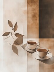 Poster - Soft curves and lines blend together, illustrating a calming duality of tea leaves and cups in warm earth tones. Generative AI