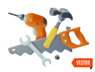 Wall Mural - 3d Fix and Repair Concept Floating Drill, Hammer, Hand Saw and Wrench Cartoon Design Style. Vector illustration