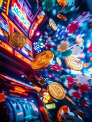 Aufkleber - Coins and poker chips scatter into the air when a slot machine hits the jackpot in a vibrant and bustling casino environment. Generative AI