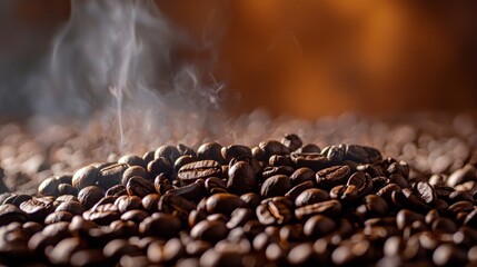 Steaming Coffee Beans Close-up with Warm Lighting