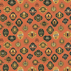 Wall Mural - vector seamless pattern on the theme of beer with various beer labels with images of barrels, beer g