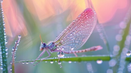 Wall Mural - Delicate Dragonfly on a Dew-Covered Blade of Grass