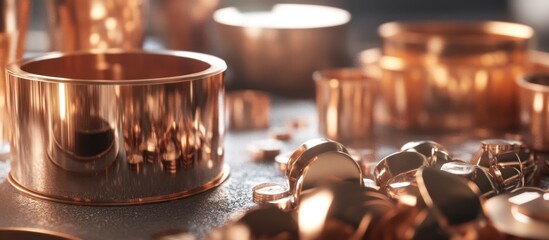 Closeup of shiny copper cylinder with scattered copper pieces in the foreground.