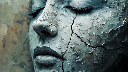 Leinwandbilder - Artistic depiction of a cracked face evoking deep emotions and human vulnerability through unique textural elements