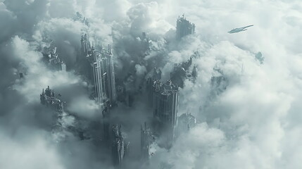 Aufkleber - A futuristic cityscape emerges from the clouds blending nature and technology in an awe-inspiring vision of tomorrow