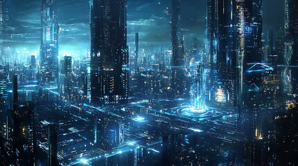 Aufkleber - Exploring the luminescent horizons of a futuristic cityscape adorned with neon lights and towering skyscrapers for a vision of tomorrow
