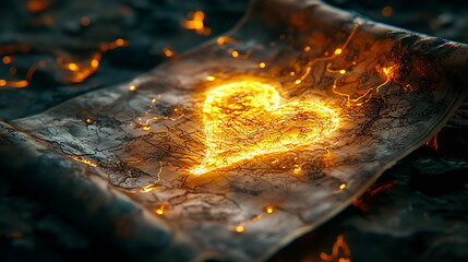 Aufkleber - Illuminated heart symbol amidst the charred map texture signifying passion and resilience in a unique artistic representation