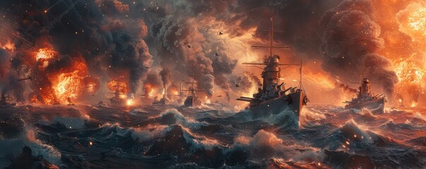 intense naval battle scene with battleships exchanging cannon fire, amidst smoke and flames during w