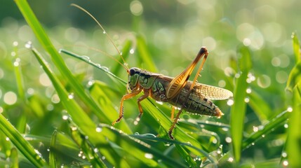 Sticker - Grasshopper on Dewy Grass