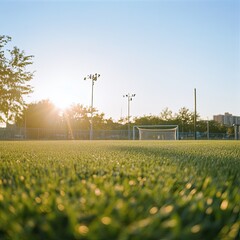 Grass on a football field, blurred background.