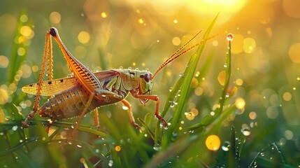 Canvas Print - Grasshopper in Dewy Grass