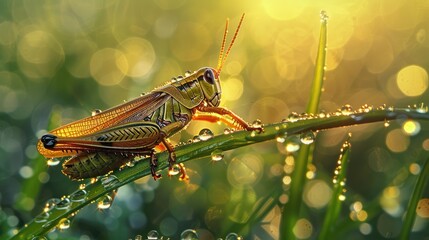 Wall Mural - Grasshopper on a Dewy Blade