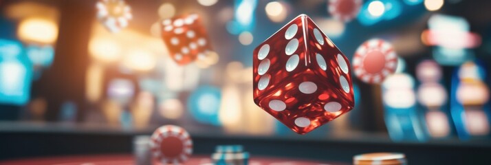Poster - Red dice hover mid-air as they fly across a craps table filled with poker chips, capturing the thrill of a casino gaming experience. Generative AI