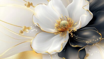 Wall Mural - Abstract Gold and White Flower with Black Petal, Abstract, Flower, Gold, White