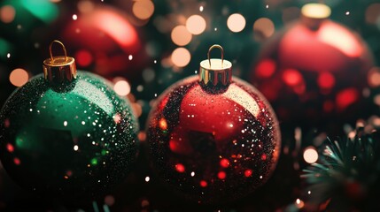 Fototapete - Shimmering red and green ornaments glow alongside soft, colorful lights, evoking the spirit of Christmas and holiday celebrations. Generative AI