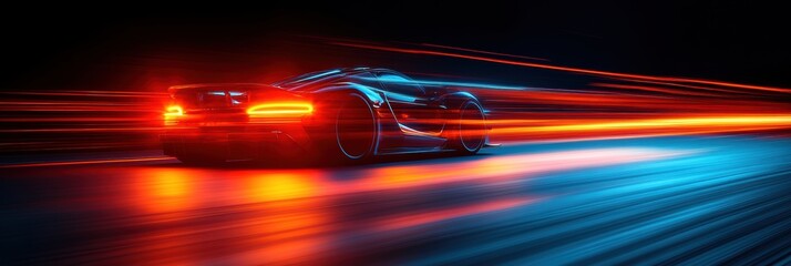 Poster - Dynamic Sports Car in Motion: A vibrant scene of a sleek car with red and blue light trails, ideal for automotive promotions.