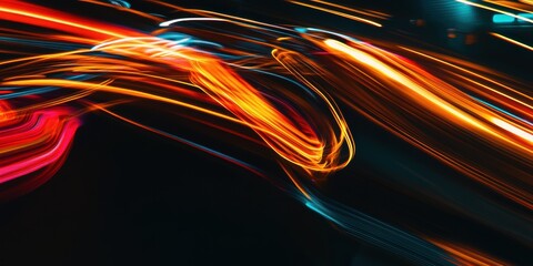 Sticker - Abstract Light Trails: Colorful flowing lines in vibrant shades of orange and blue against a dark backdrop, ideal for backgrounds and digital art.