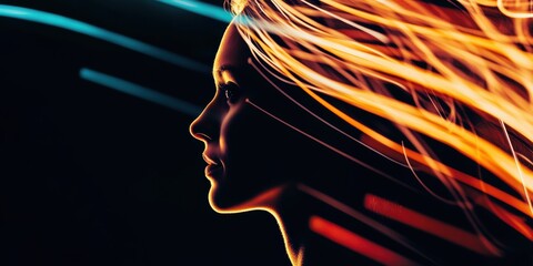 Canvas Print - Silhouette of a Woman with Flowing Light Trails: A Artistic Representation for Creative Projects