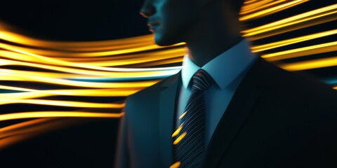 Sticker - Abstract Portrait: A businessman in a suit, accentuated by dynamic orange and yellow light trails, ideal for business and marketing visuals.