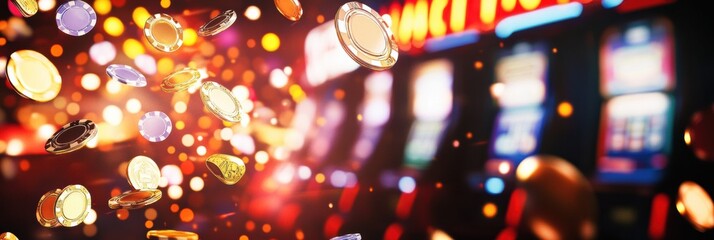 Fototapete - Coins and poker chips are flying through the air as a slot machine celebrates a jackpot win, creating an atmosphere of thrill. Generative AI