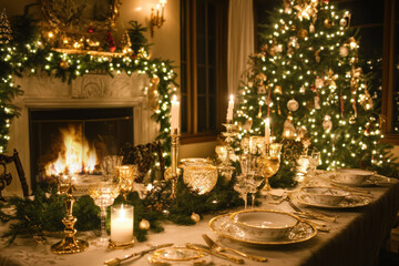 Canvas Print - Table set for Christmas dinner: candles flicker, red tablecloth, shiny ornaments, and a centerpiece displaying festivity and warmth.