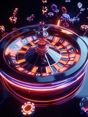 Poster - A roulette table glows with bright neon numbers and chips, creating an electric atmosphere in a bustling casino setting. Generative AI