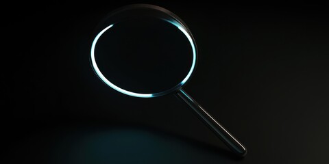 Poster - Dark Themed Magnifying Glass: A sleek, illuminated magnifying glass set against a black background, ideal for illustrations on investigation or focus.