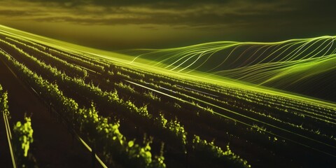 Canvas Print - Abstract Vineyard Landscape: Vibrant green fields under a dramatic sky, ideal for agriculture and nature-related projects.