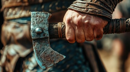 A warrior firmly holds a rugged axe, showcasing intricate details of armor and weaponry. The scene captures a moment of tension and readiness in a medieval battleground filled with anticipation