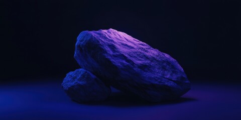 Sticker - Abstract Still Life: Two textured rocks illuminated with purple and blue light against a dark background. Ideal for modern art projects.