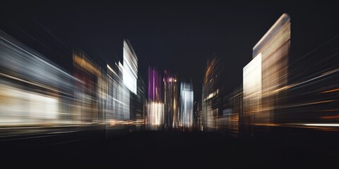 Poster - Abstract cityscape at night: blurred skyscrapers with vibrant lights, conveying motion and energy; ideal for urban themes and modern design.