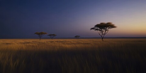 Canvas Print - Serene Sunset Over Savanna: Vast Grasslands with Silhouetted Trees in Shades of Blue and Gold, Ideal for Nature and Travel Themes