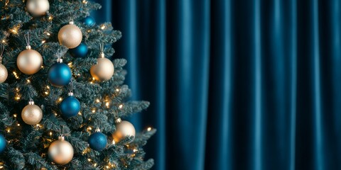 Elegant Christmas tree adorned with blue and gold ornaments against a dark velvet backdrop