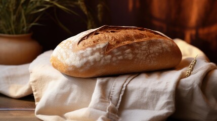 A warm, golden loaf of bread sits atop a rustic cloth, embodying homemade freshness and inviting aromas that evoke comfort and culinary delight.