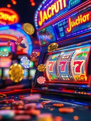 Fototapete - A cascade of coins and poker chips erupts as a slot machine hits the jackpot, filling the air with excitement in a lively casino setting. Generative AI