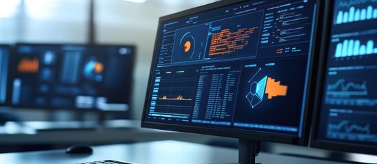 Close up of a computer monitor displaying data and charts in a modern office.