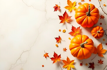 Wall Mural - thanksgiving background with orange pumpkins and leaves on the white marble table