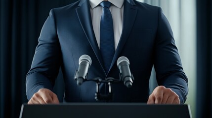 Politician giving speech with microphones on podium.