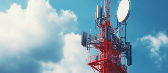 Red communication tower with multiple antennas and a large satellite dish against a blue sky with white clouds.