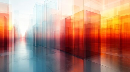 Leinwandbilder - Vibrant glass-like structures rise from a reflective surface, showcasing a stunning blend of orange and blue hues as the sun sets in a digitally rendered environment.