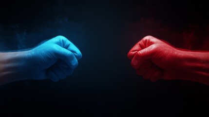 Two glowing fists, one red and one blue, face each other in a dark environment, symbolizing competition, rivalry, or conflict..