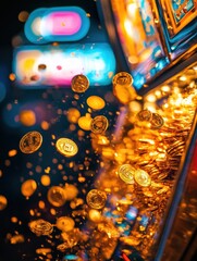 Fototapete - A cascade of shimmering gold coins pours out of a slot machine, creating an exhilarating moment filled with joy and anticipation. Generative AI