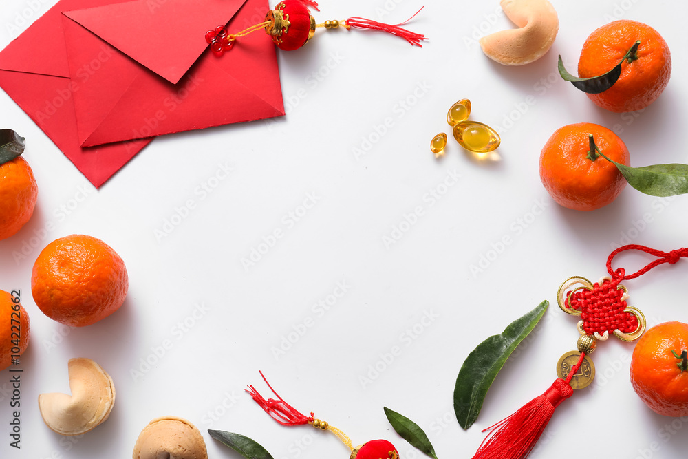 Frame made from red envelopes, tangerines and Chinese symbols on white background. New Year celebration