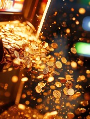 Fototapete - Golden coins spill from a slot machine, filling the air with excitement and the allure of potential fortune in a bustling gaming environment. Generative AI