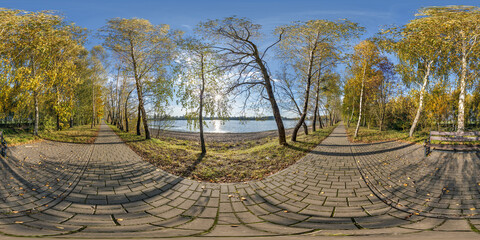 Wall Mural - seamless spherical 360 hdri panorama relax place on alley near bench in autumn forest in equirectangular projection, ready VR AR virtual reality content