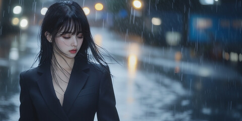 young Asian business lady in a perfectly tailored, sharp black suit, walking alone on a rain-soaked city street. 