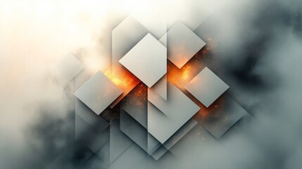 Leinwandbilder - Geometric shapes in muted colors rise from a misty backdrop, with glowing orange elements adding a striking contrast, creating an ethereal atmosphere.