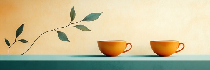 Poster - Two vibrant cups sit atop a teal surface, harmoniously accompanied by flowing lines representing tea leaves against a soft backdrop. Generative AI